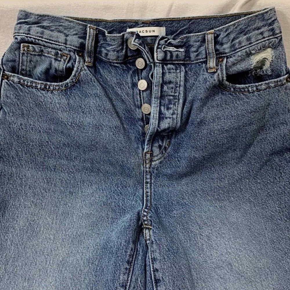 PACSUN 28 Vintage Blue Wash High Rise Straight Button Fly Raw Hem Jeans